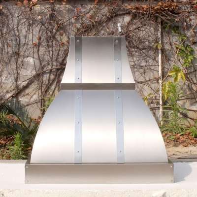 Rustic Kitchen Range Hood with brushed stainless steel body and mirrored stainless steel straps